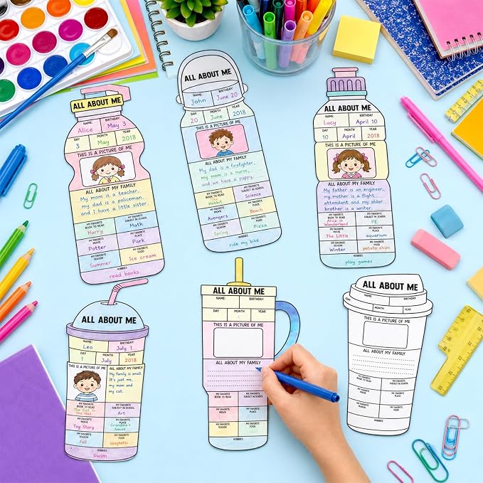 30 Pcs All About MePosters Water Bottle Star Student Poster to Fill in Elementary Kindergarten Classroom Decor Self-Introduction All About Me Posters for Back to SchoolClassroom Supplies