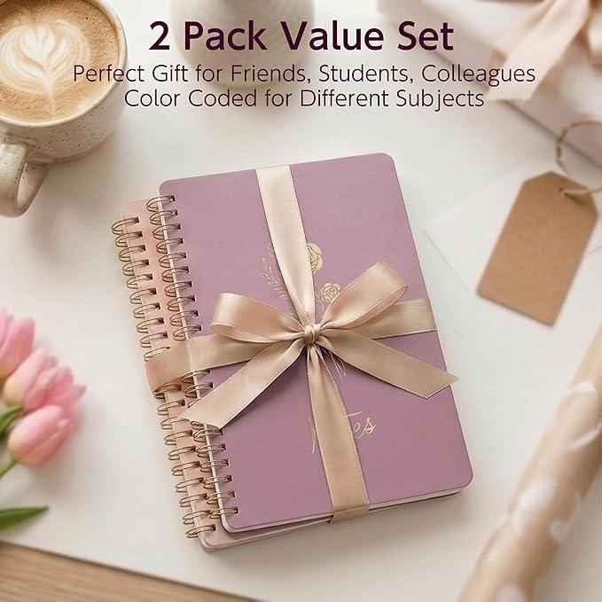 Bible Journal for Women - 2 Pack Pink & Purple A5 Spiral Notebook (5.7" x 8.3") | Christian Notebook for Bible Study, Sermon Notes & Prayer Journaling | Aesthetic School Supplies with Gold Foil Design