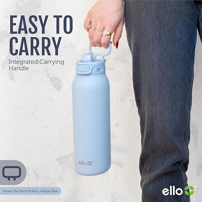 Ello Pop & Fill 22oz Stainless Steel Water Bottle with QuickFill Technology, Double Walled and Vacuum Insulated Metal, Leak Proof Locking Lid, Straw and Chug, Reusable, BPA Free, Blossom Bliss