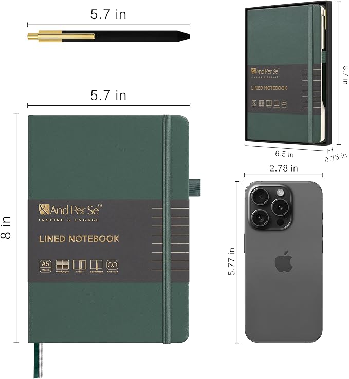 &And Per Se Lined Journal and Pen Set, A5 Leather Journal Stationery Set, 160 Pages 100GSM Thick Paper, Notebook Gift Set (Green)