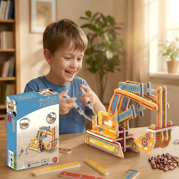 STEM Pneumatic Excavator Model Kit – DIY Science Toy for Kids, Build a Working Digging Machine with Air Pressure Syringe & Tubing