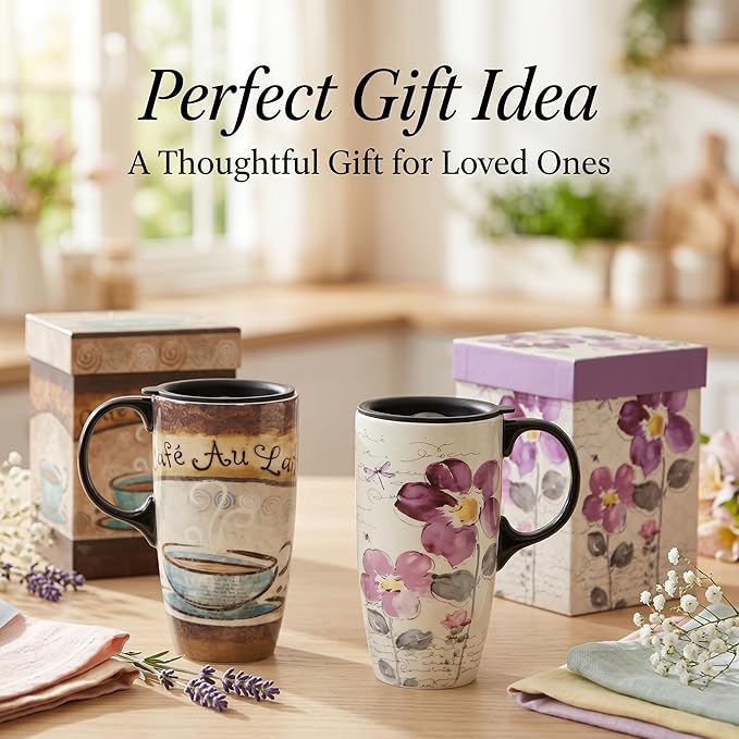 Topadorn 2-Pack 17oz Ceramic Travel Coffee Mugs with Lids & Handles, Floral Vintage Coffee Cups, Microwave & Dishwasher Safe, Gift Box Set