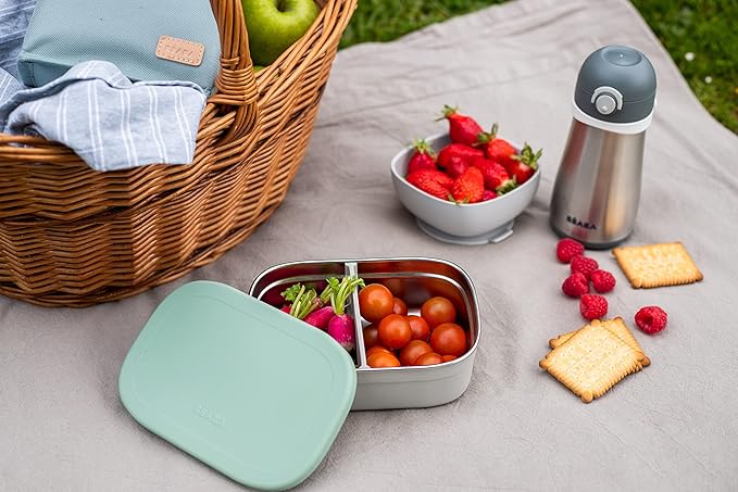 Beaba Stainless Steel Lunch Box, Kids Lunch Box with Silicone Lid, Bento Style Food Containers, Removable Silicone Dividers Make 1-3 Compartments, Sage