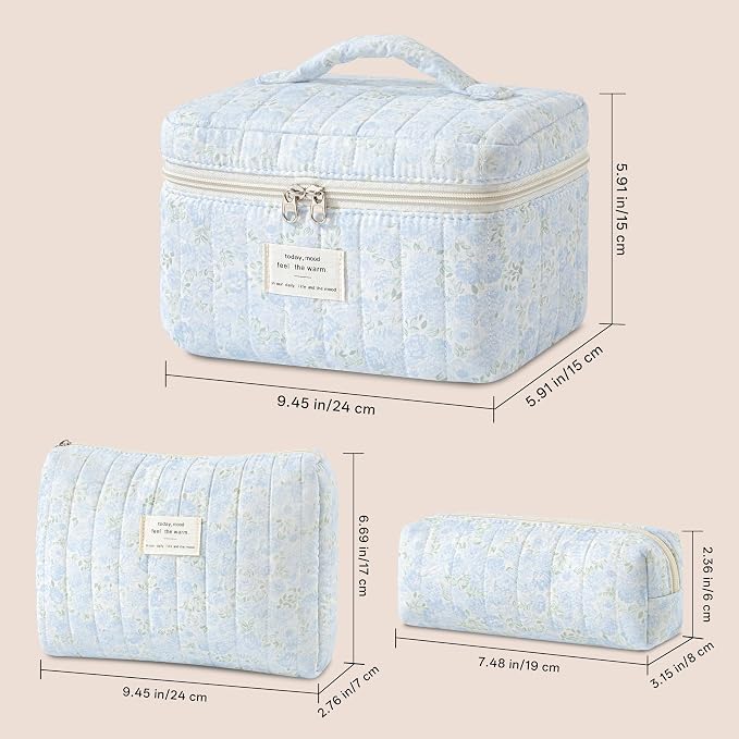 HBselect Quilted Makeup Bag, 3Pcs Cotton Large Travel Makeup Bags Organizer | Cute Floral Make up Bag Cosmetic Bag Toiletry Bag for Women Girls, Makeup Pouch for Skincare, Brushes & Travel Essentials