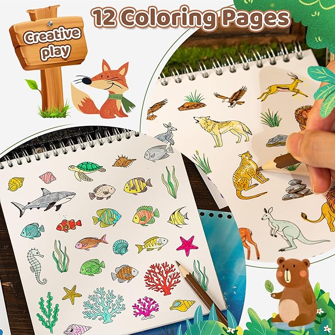 Animal Sticker Book for Toddlers 2-4 Years Sticker Activity Book for Kids with 12 Scenes & 12 Coloring Pages Toddler Travel Essential Quiet Time Activities