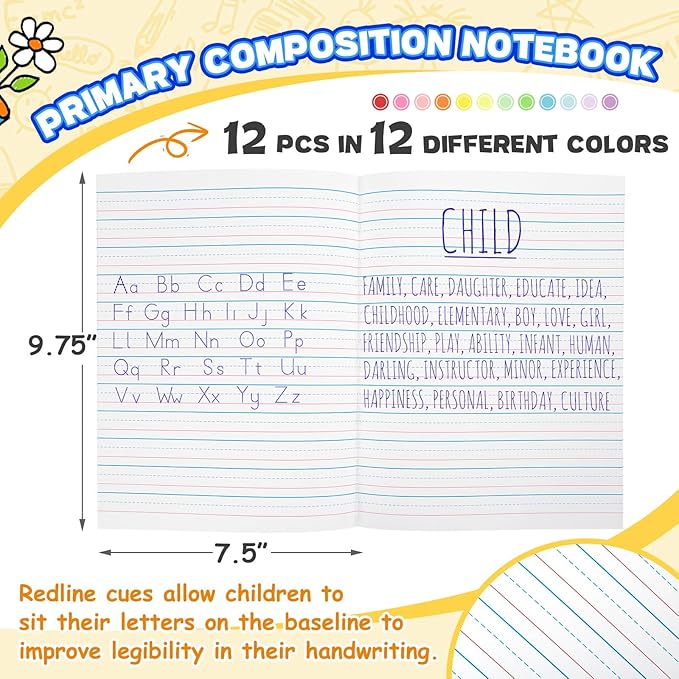 Henoyso 12 Pcs Primary Composition Notebook K-2, Wide Ruled 9.75" x 7.5" Journals, 60 Pages, Writing & Handwriting Practice for Kindergarten, 1st & 2nd Grade, Back to School Supplies (12 Colors)