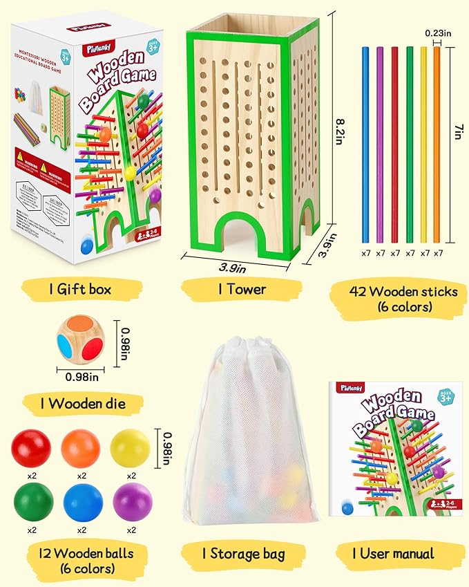 Montessori Toys Wooden Board Games for Kids 4-6, 42 Colorful Wooden Sticks Fine Motor Skills Toy for 3 4 5 6 Years Old, Math&Counting Learning Toy Family Games Travel Toys Gifts for Girls and Boys