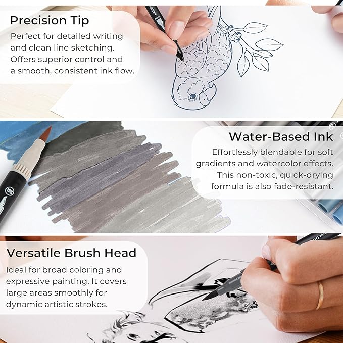 ZSCM Gray Duo Tip Marker Pens, 12 Pack Fine & Brush Markers for Adult Coloring Books No Bleeding, Neutral Gray Markers for Shading, Urban Sketches, Architectural Drawings and Realistic Textures