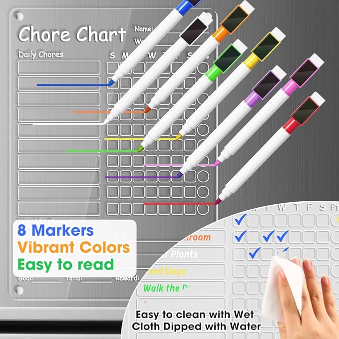 Acrylic Chore Chart Clear Dry Erase Checklist Chore Boars for Family Chores Checklist Reward Chart Responsibility Chart, 12x9'', 2 Boards