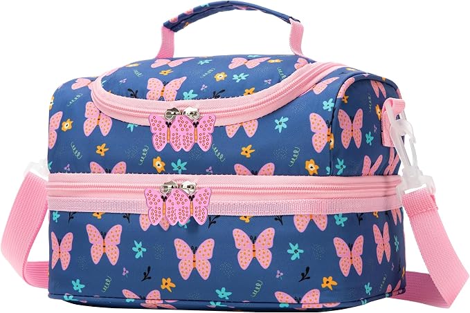 Insulated Kids Dual Compartment Lunch Bags Tote for Girls Boys Toddler Lunch Boxes Pre-School Toddler Kindergarten Picnic Camp Food Cooler Thermal with Strap (ZPINK‌BTFLY)