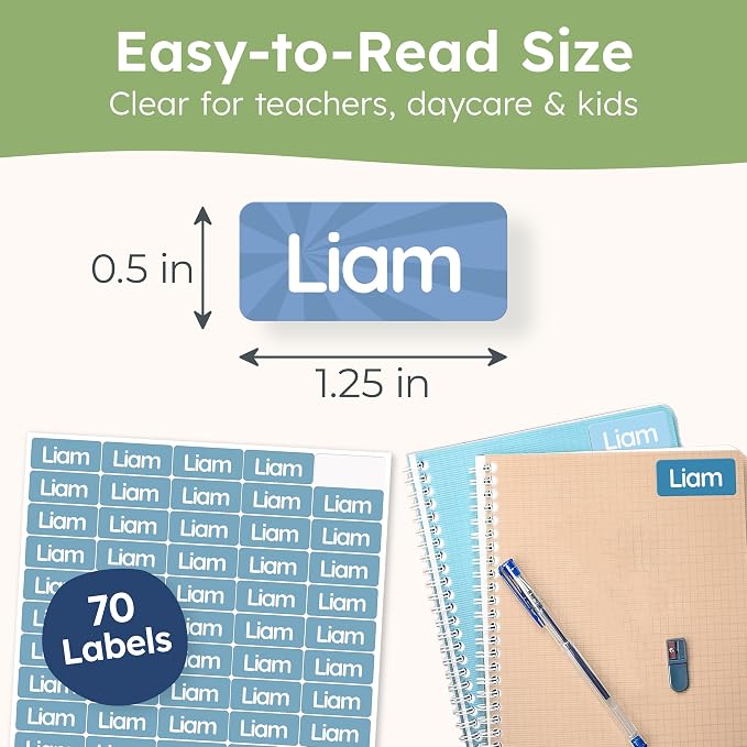 Personalized Universal Name Labels for Kids & Adults - Blue [70pcs] - Waterproof Name Stickers for School, Daycare & Clothes - Item & Supplies Name Stickers - Custom Stick On Labels