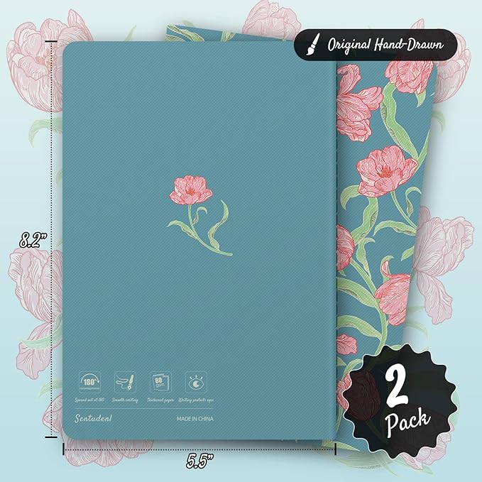Stitched Composition Notebooks 2-Pack with Unique Art Designed Cover, A5 Lined Diary (8.2"L*5.5"W), Lay Flat Design, Thicked Paper Writes Smoothly for School and Office (Tulip)