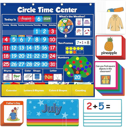 Circle Time Learning Center Pocket Chart Classroom Calendar for Kids, Weather Chart Counting Alphabet Ten Frame Color, Kindergarten Preschool Classroom Must Haves Pre K Learning Activities