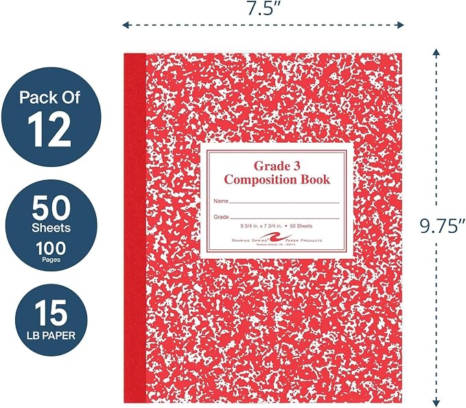 ROARING SPRING Primary Composition Book, Handwriting Notebook for Kids (K - 3rd Grade), Grade 3 Ruled, 3/8" Skip-Line Manuscript Paper, Flexible Cover, 9.75" x 7.5", 50 Sheets/100 Pages, 12 Pack