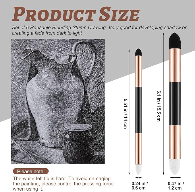 Kosiz 6 Pcs Blending Sponge Pen Double Headed Rub and Buff Washable Sketch Rubbing Sponge Brush Wipe Reusable Blending Stump Drawing Art Blenders for Artist Highlight Shadow Detail Tool (Gold)