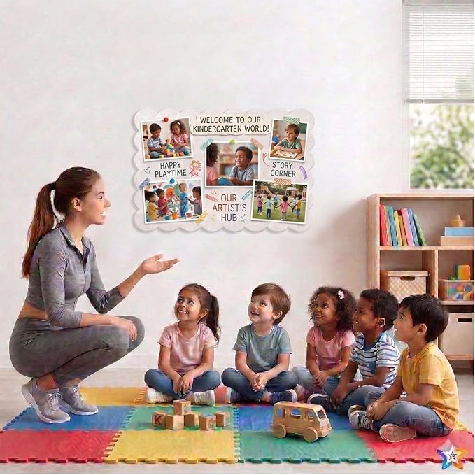 Scalloped Bulletin Board, 24x18 Scalloped Felt Bulletin Board, 2' x 1.5' Foldable Picture Display with 20 Pins & 5 Cute Decors - Beige