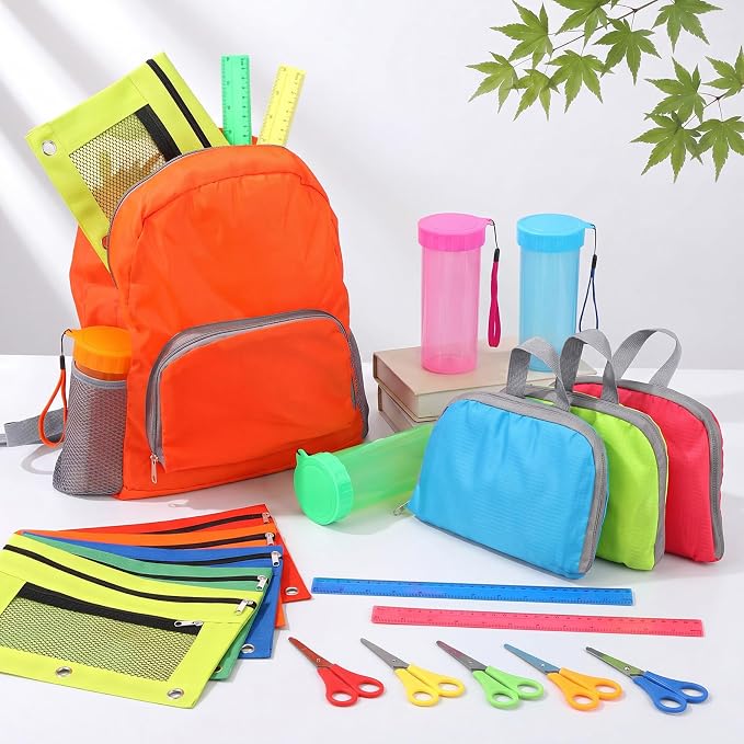 24 Sets Backpacks Bulk with School Supplies Include Sturdy Oxford Backpacks Water Bottles Pencil Pouches Scissors Rulers for Back to School Student Supplies Bulk Donation Gift Set(Simple)