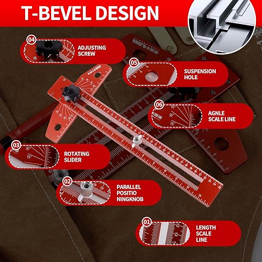 Woodworking Scriber Marking Line Ruler, T Type Woodworking Ruler 16 inch, Adjustable Aluminum Alloy Sliding T-Square Ruler, Precision Line Drawing aid Ruler with Angle Adjustment Scale(Red)