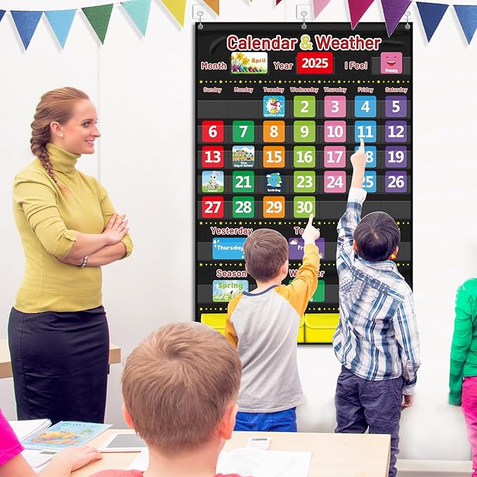 Calendar and Weather Pocket Chart for Kids Learning, Large 44.5”x28” Homeschooling Calendar Pocket Chart with 113 Cards, Teacher and Back to School Supplies