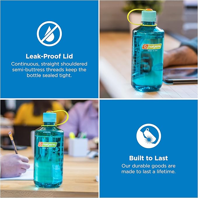 Nalgene 32 oz Narrow Mouth Water Bottle | BPA-Free, Durable & Leak Proof, Lightweight Bottle for Hiking, Gym & Travel, Cerulean