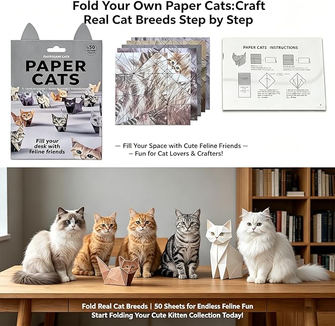 Origami Paper Craft Kit, Origami Cats Paper Crafts for Adults and Kids, DIY Paper Origami Cats Kit, Desk Decoration Gift for Cat Lovers | 50 Sheets