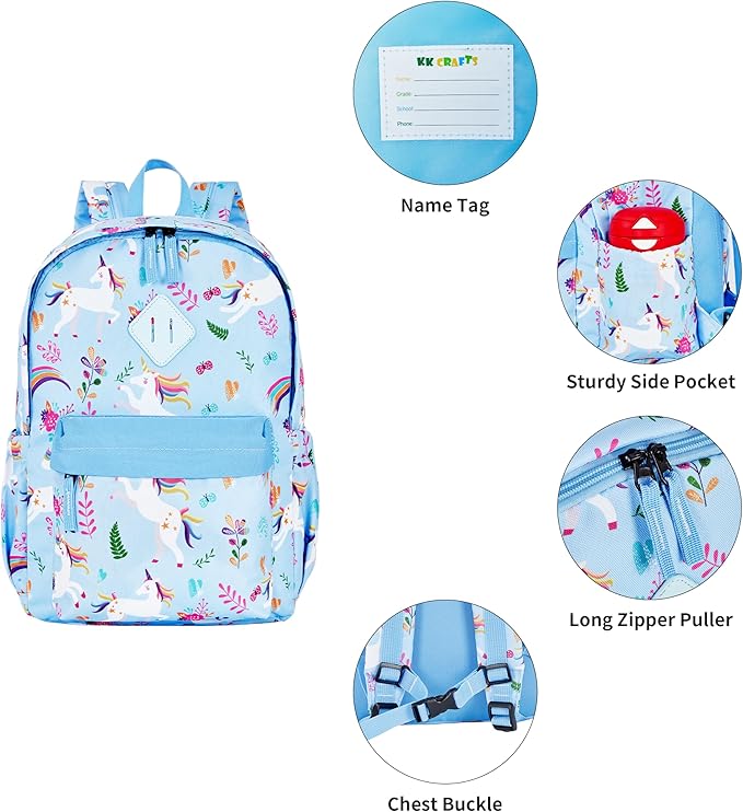 KK CRAFTS Preschool Backpack Kindergarten Little Kids Toddler Elementary School Backpacks for Boys and Girls with Chest Strap(15Inch, Blue Unicorn)