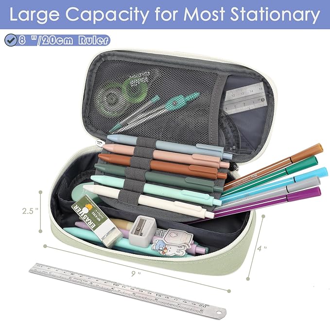FlowFly Large Capacity Pencil Case for Kids, Boys & Girls – Zippered Multi-Functional Pen Pouch, Soft & Portable Pencil Bag for School, Teens, Students, Light Matcha