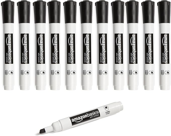 Amazon Basics Lowe-Odor Dry Erase Whiteboard Markers, Chisel Tip, Quick-Dry, Black, 12-Pack