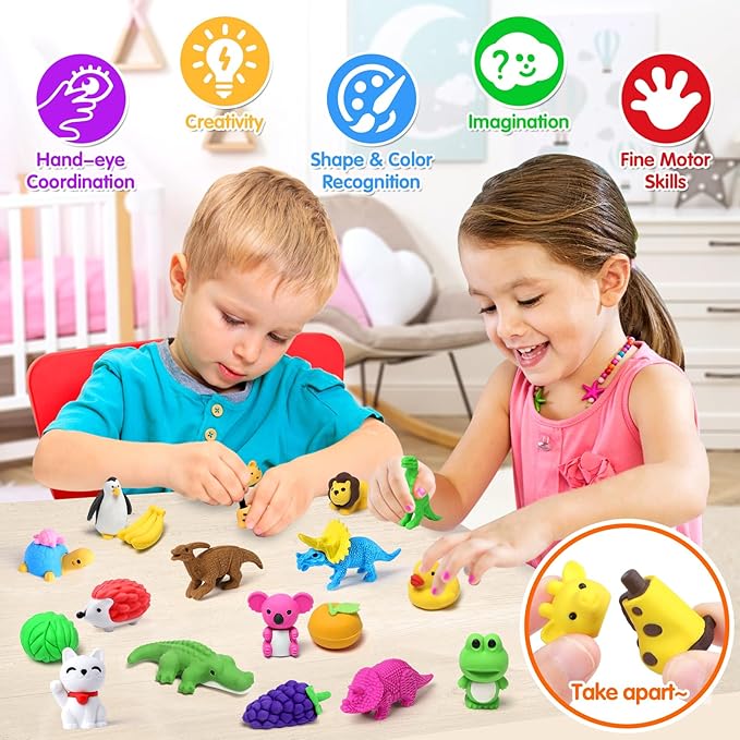 40 Pack Animal Erasers for Kids Bulk Desk Pets Classroom Prizes Treasure Box Toys for Classroom Supplies, 3D Puzzle Mini Erasers Pencil Eraser Back to School Supplies for Kids Party Favors (Random)
