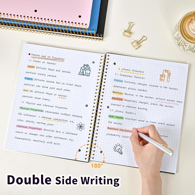 Spiral Notebook Graph Ruled Paper 8" x 10 1/2", 1 Subject Spiral Grid Notebook 3-Hole Punched Perforated Page Ideal for School, Office, Writing, 95 Sheets Lined Journaling Graphing Notebook, Black