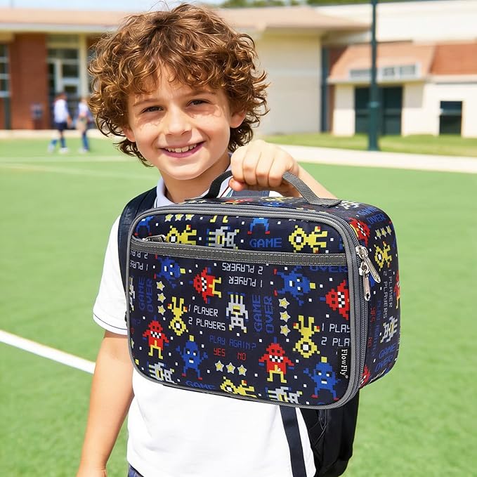FlowFly Kids Lunch box Insulated Soft Bag Mini Cooler Back to School Thermal Meal Tote Kit for Girls, Boys, Robot