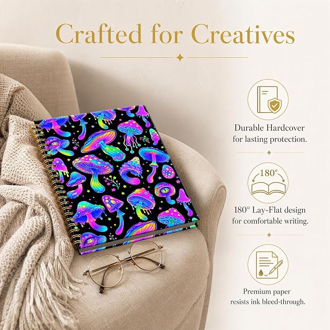 ATJFKIXL Cute Spiral Journal Notebook, A5 120 Page College Ruled Wirebound Notebook, Soft Cover for Students Office Notes and Planning - Black Neon Mushroom