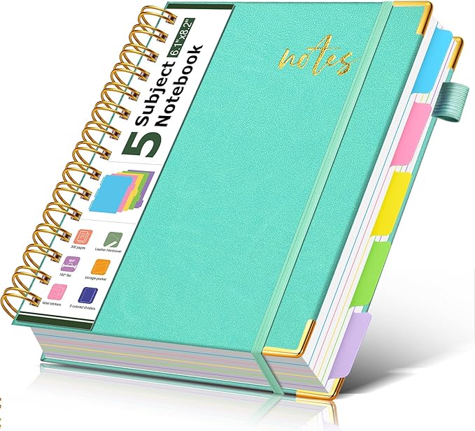 5 Subject Spiral Notebook Journal with Removable Dividers Tabs, 300 Pages Organizer Notebooks for Work School, A5 Hardcover Leather Notebook College Ruled, Lined Journal for Women Men，Aqure