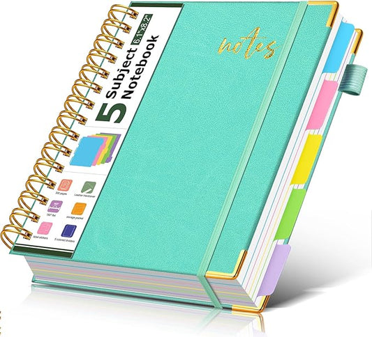 5 Subject Spiral Notebook Journal with Removable Dividers Tabs, 300 Pages Organizer Notebooks for Work School, A5 Hardcover Leather Notebook College Ruled, Lined Journal for Women Men，Aqure