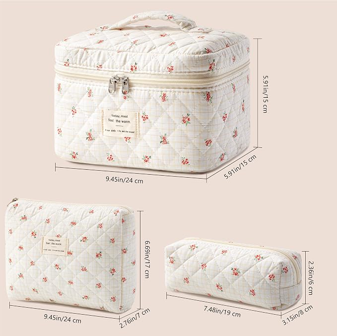 HBselect Quilted Makeup Bag, 3Pcs Cotton Large Travel Makeup Bags Organizer | Cute Floral Make up Bag Cosmetic Bag Toiletry Bag for Women Girls, Makeup Pouch for Skincare, Brushes & Travel Essentials