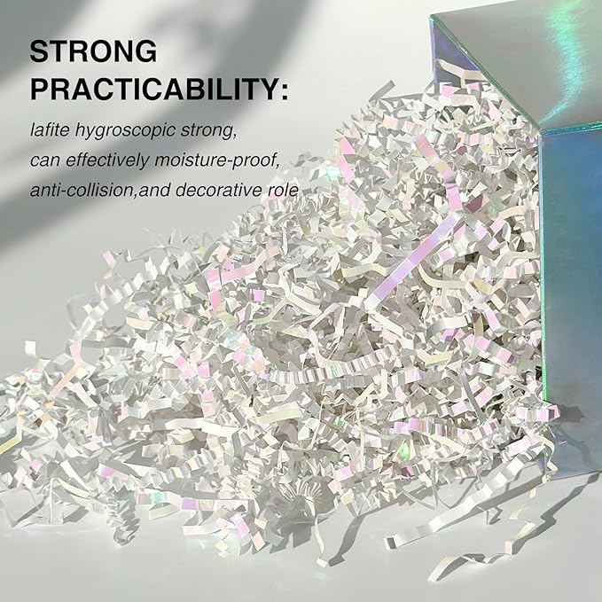 1LB Iridescent Crinkle Cut Paper Shred Filler for Gift Box Bag and Basket On Holidays(Diamond White)