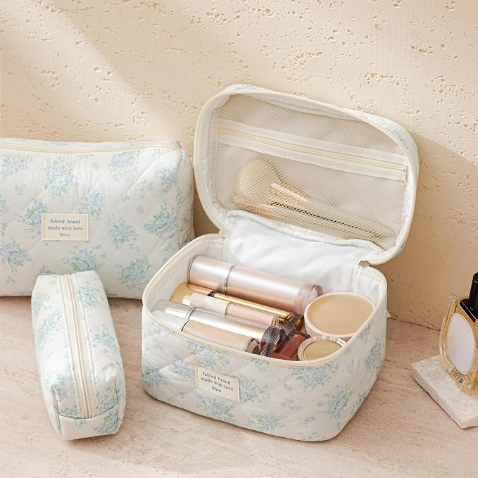 HBselect Quilted Makeup Bag, 3Pcs Cotton Large Travel Makeup Bags Organizer | Cute Floral Make up Bag Cosmetic Bag Toiletry Bag for Women Girls, Makeup Pouch for Skincare, Brushes & Travel Essentials