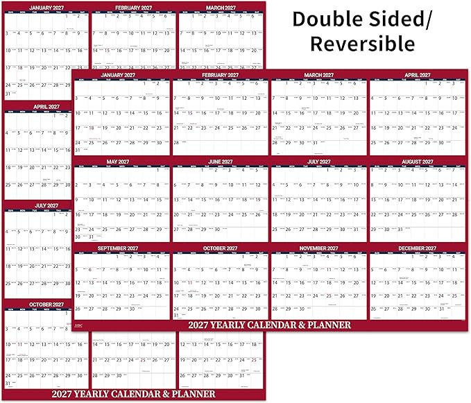 2027 Dry Erase Calendar for Wall - Dry Erase Wall Calendar 2027, Jan. 2027 - Dec. 2027, 34.6" x 22.9", Yearly Wall Calendar 2027, Wet & Dry Erase Laminated, Vertical/Horizontal, Reversible - Red