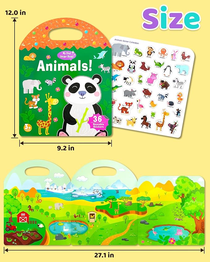 Benresive Reusable Sticker Book for Toddlers, Stickers for Kids, Travel Toys for Arts & Crafts Activities, Birthday Gift for Boys & Girls, Animals Themes