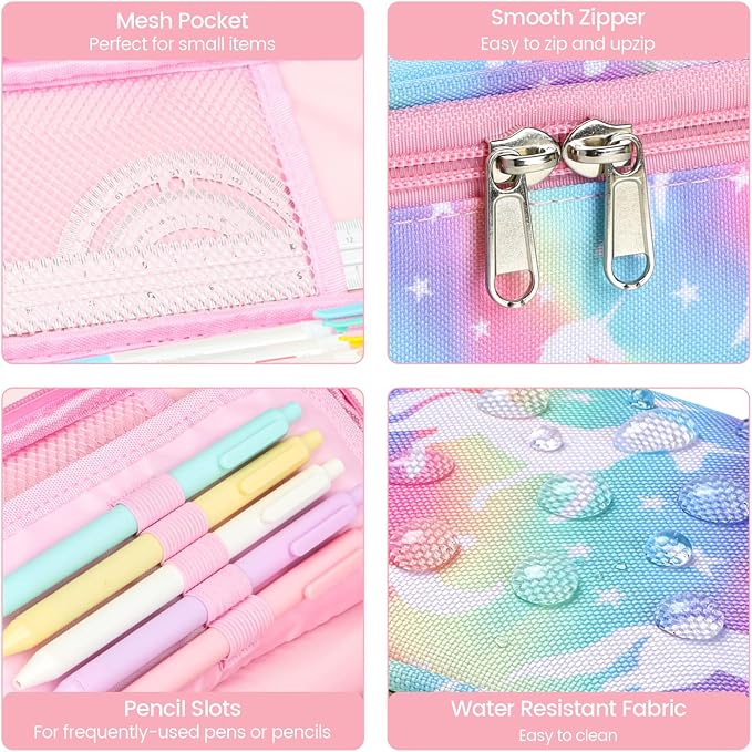 Cambond Pencil Case for Girls - Cute Pencil Cases for Kids Teen Girls Big Capacity Pencil Box Special Pencil Pouch for School with Personalized Letter Cards and Slot, Rainbow Unicorn