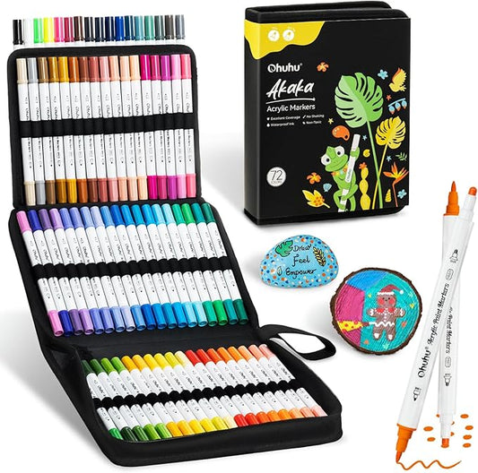 Ohuhu Acrylic Paint Markers Dual Tips: 72 Colors Fine & Dot Paint Pens High Opacity Acrylic Markers Waterproof Lightfast for Rock Painting 3D Prints Egg Wood Glass Ceramic DIY Crafts - Akaka
