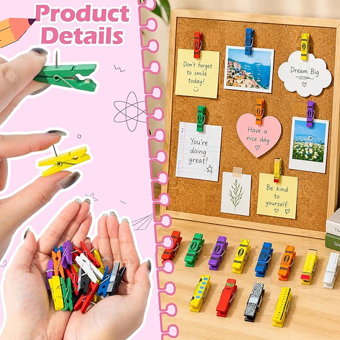 Haooryx Push Pin with Wooden Clips - 48Pcs Back To School Crayon Clothes Pin Shaped Tack Thumbtacks Pencil Ruler Notebook Photo Clip for Cork Bulletin Board Back to School Classroom Decor Teacher Gift