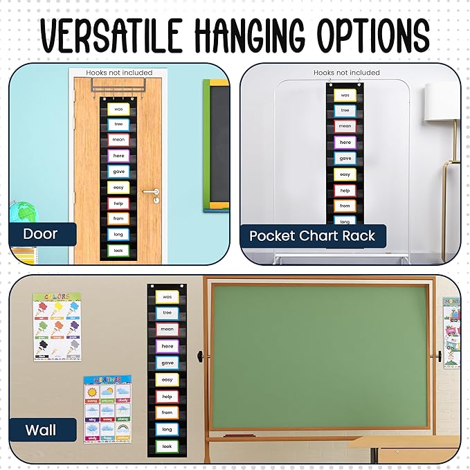 Essex Wares - 9" Wide x 44" Tall Pocket Chart, Black - Sturdy Pocket Chart for Classroom for Sentence Strips - Easy to Use & Hang, Reusable Black Pocket Chart