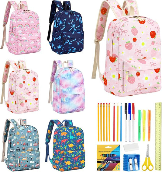 17'' Backpacks Bulk with Supplies Stationery Kits, Printed Bookbags and Writing Accessories Kit for Donation(Cute,6 Pack)