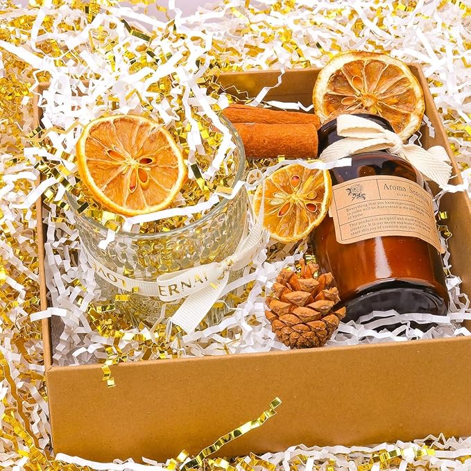 Uptotop 6oz Crinkle Cut Paper Shred Filler for Gift Wrapping, Gift Basket Filling, Perfect for Birthday, Christmas, Thanksgiving, Halloween, Easter, Valentine's Day, Mother's Day, Father's Day, Wedding & Holiday Decor (White and Gold)
