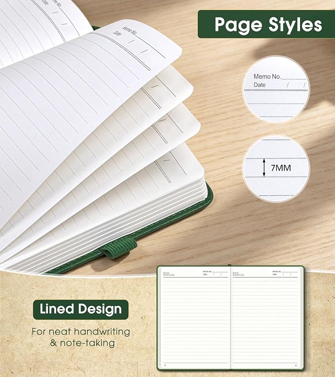 Lined Journal Notebook, A5 Hardcover Leather Journals for Writing, 160 Numbered Pages, 5.7'' x 8.3'' Journaling Notebooks for Men Women, Thick Paper College Ruled Journal for Work Office School, Green