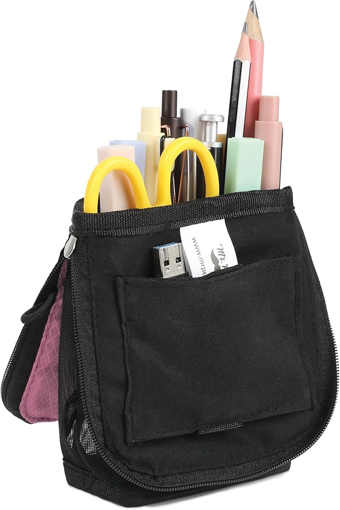 Mr. Pen- Standing Pencil Case Pouch, Sit & Lay Mesh-View Design, Black & Pink, Interior Pocket & 2 Elastic Binder Loops, Cute Pencil Case for Girls and Boys
