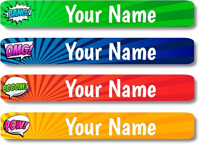 Lovable Labels Personalized Labels for Kids (120 Labels) - Waterproof Dishwasher Safe Peel and Stick Labels are Great for School Supplies Daycare Camp Bottles (Comic Flash)