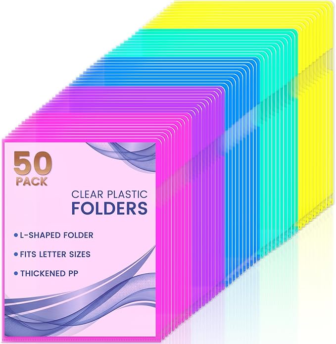Sooez 50 Pack Clear Document Folder Project Pockets, Clear Plastic Folders Letter Size Plastic Document Folders Paper Poly Jacket Sleeves Folders Copy, 5 Assorted Colors