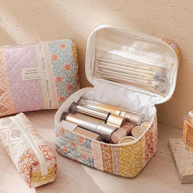 HBselect Quilted Makeup Bag, 3Pcs Cotton Large Travel Makeup Bags Organizer | Cute Floral Make up Bag Cosmetic Bag Toiletry Bag for Women Girls, Makeup Pouch for Skincare, Brushes & Travel Essentials